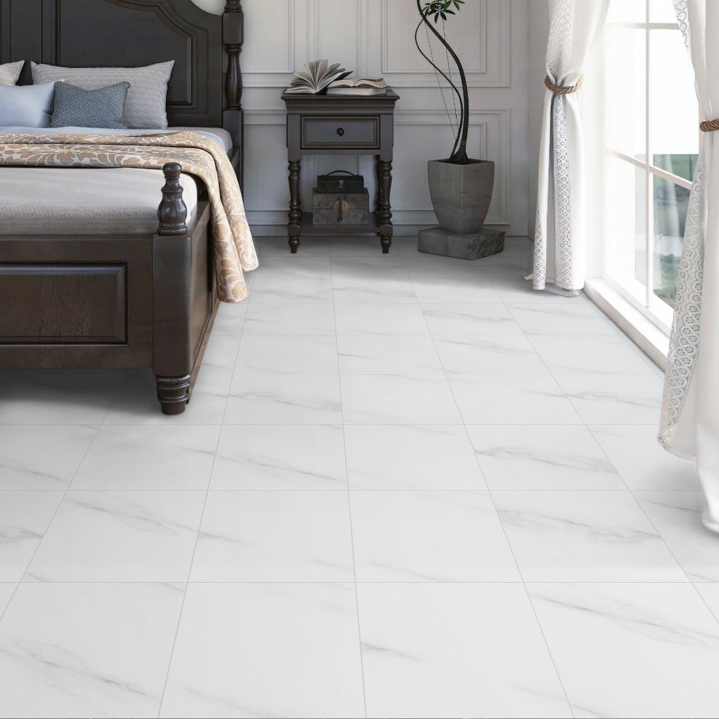 UMIGGEE White Marble Peel and Stick Floor Tile Self Adhesive Vinyl Flooring 12-in x 12-in x 1.5mm (10-pcs) For Kitchen Living Room Bedroom Home Decoration (10 Sq. ft./Pack)