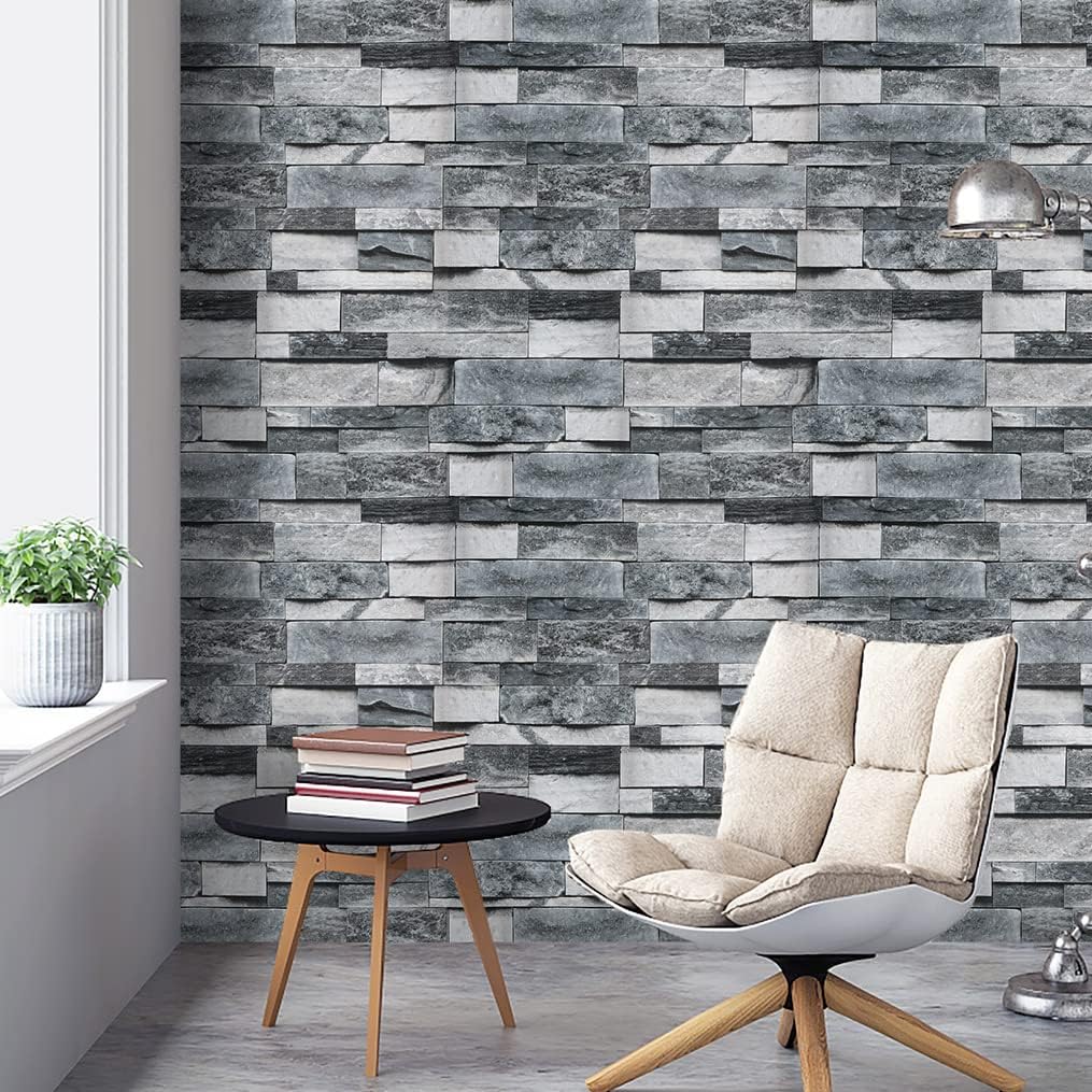Abyssaly Gray Stone Brick Wallpaper Peel and Stick Wallpaper 17.7" x 118" Self-Adhesive Removable Wall Paper 3D Stone Faux Brick Paper Thickened for Kitchen Living Room Bedroom