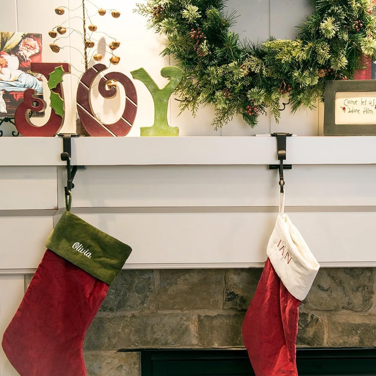 Lxcreat Fireplace Stocking and Garland Hanger, Paeose Garland Holder for Mantle, Adjustable 2 in 1 Double Mantel Hangers for Front Door, Christmas Stocking Holder for Home Decoration (White-3pcs)