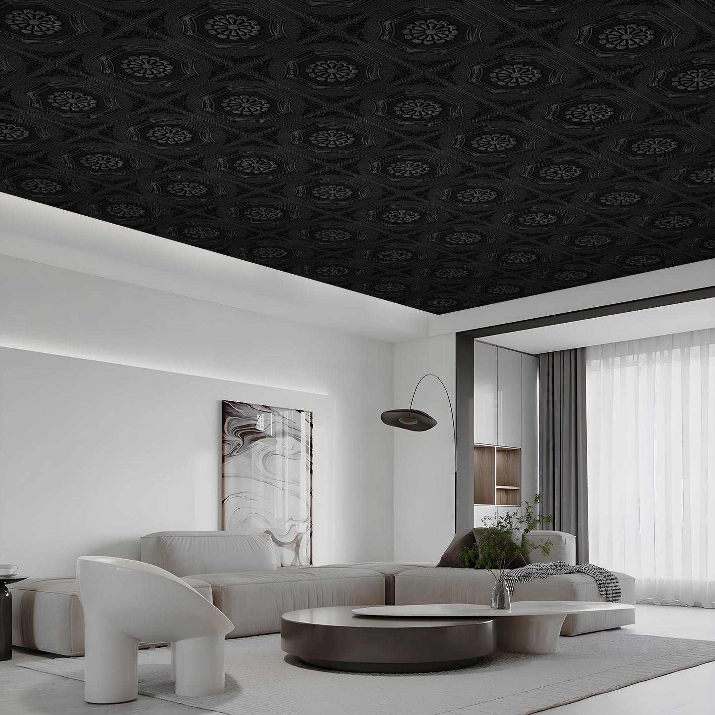 Abyssaly Black Drop Ceiling Tile, 13.7" x 13.7" 16 Pcs, 3D Wall Panels Foam Peel and Stick Ceiling Tiles Decorative Easy Install PVC Ceiling Panels for Interior Kitchen Bathroom Basement