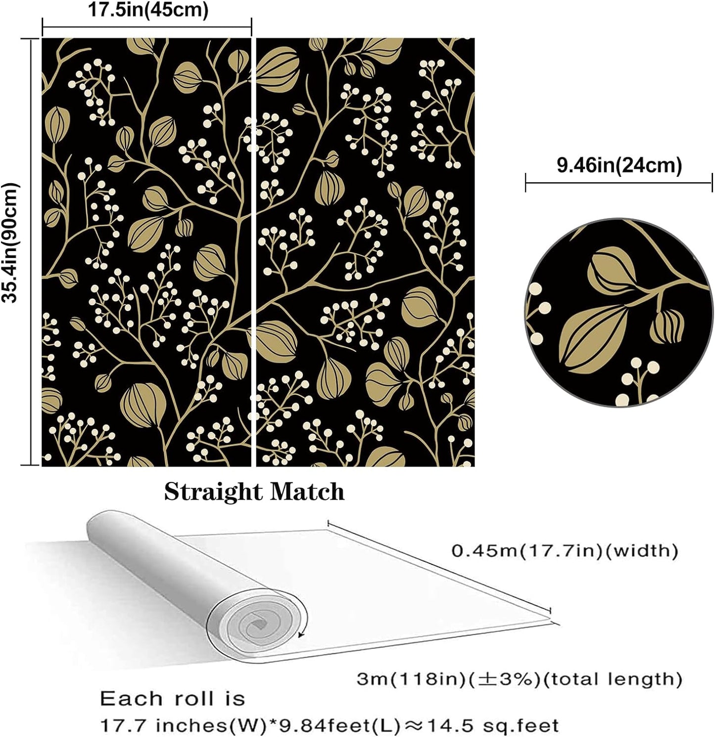 Abyssaly Peel and Stick Wallpaper Black Garden Removable Wallpaper, 17.7" x 118"