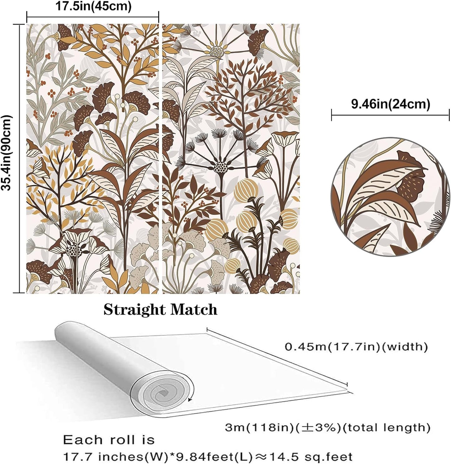 Abyssaly Floral Peel and Stick Wallpaper Removable Leaves Wallpaper 17.7"×118" Self-Adhesive Wall Paper Vinly Waterproof