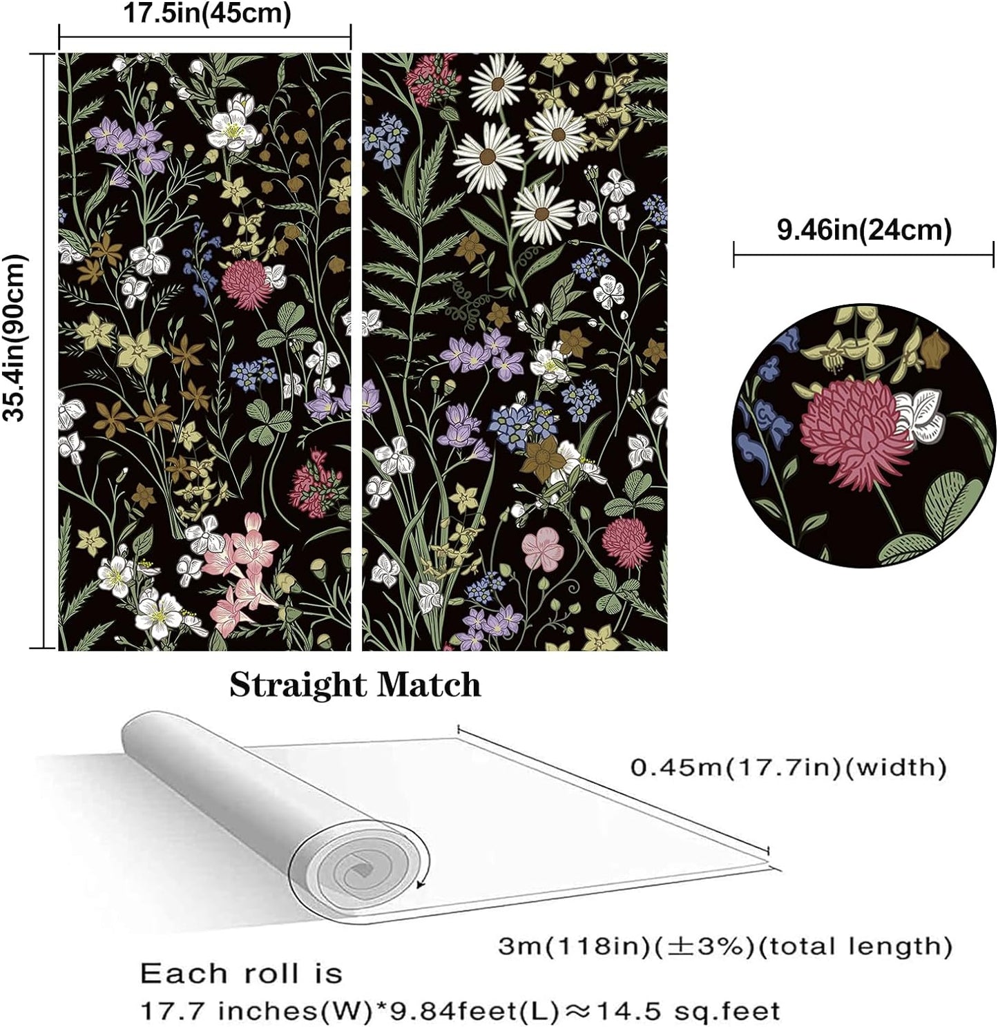 Abyssaly 17.7" x 393" Peel and Stick Wallpaper Self Adhesive Removable Waterproof Flower Wallpaperfor Bedroom Living Room