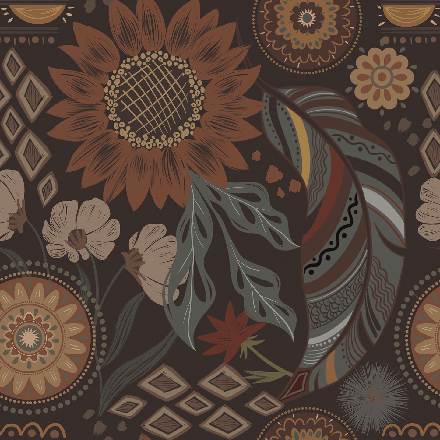 Abyssaly Floral Boho Wallpaper Peel and Stick 17.7" x 118" Brown Retro Wall Decor Bathroom Removable Mural