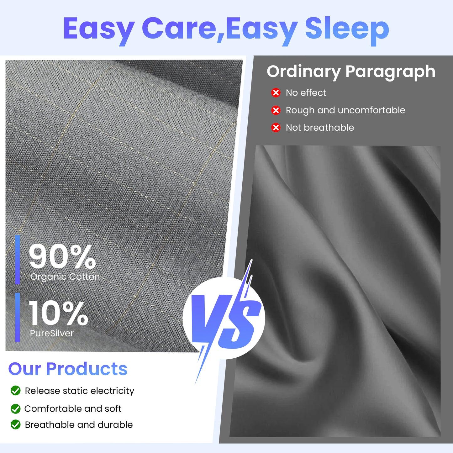 Alow Grounding Sheets Queen Size 90% Organic Cotton + 10% Pure Silver Fitted Bed Sheet Gray Fiber Grounding Sheet Earth Connected Bedding with Grounding Cord