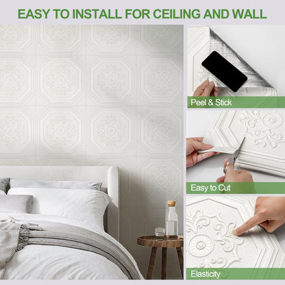 Abyssaly Peel and Stick Ceiling Tile 13.7" x 13.7" 16 Pcs, Covering Area 20.85 sq. ft., Gelated Ceiling Tile Foam, Easy to Install on Ceiling & Wall, Pure White