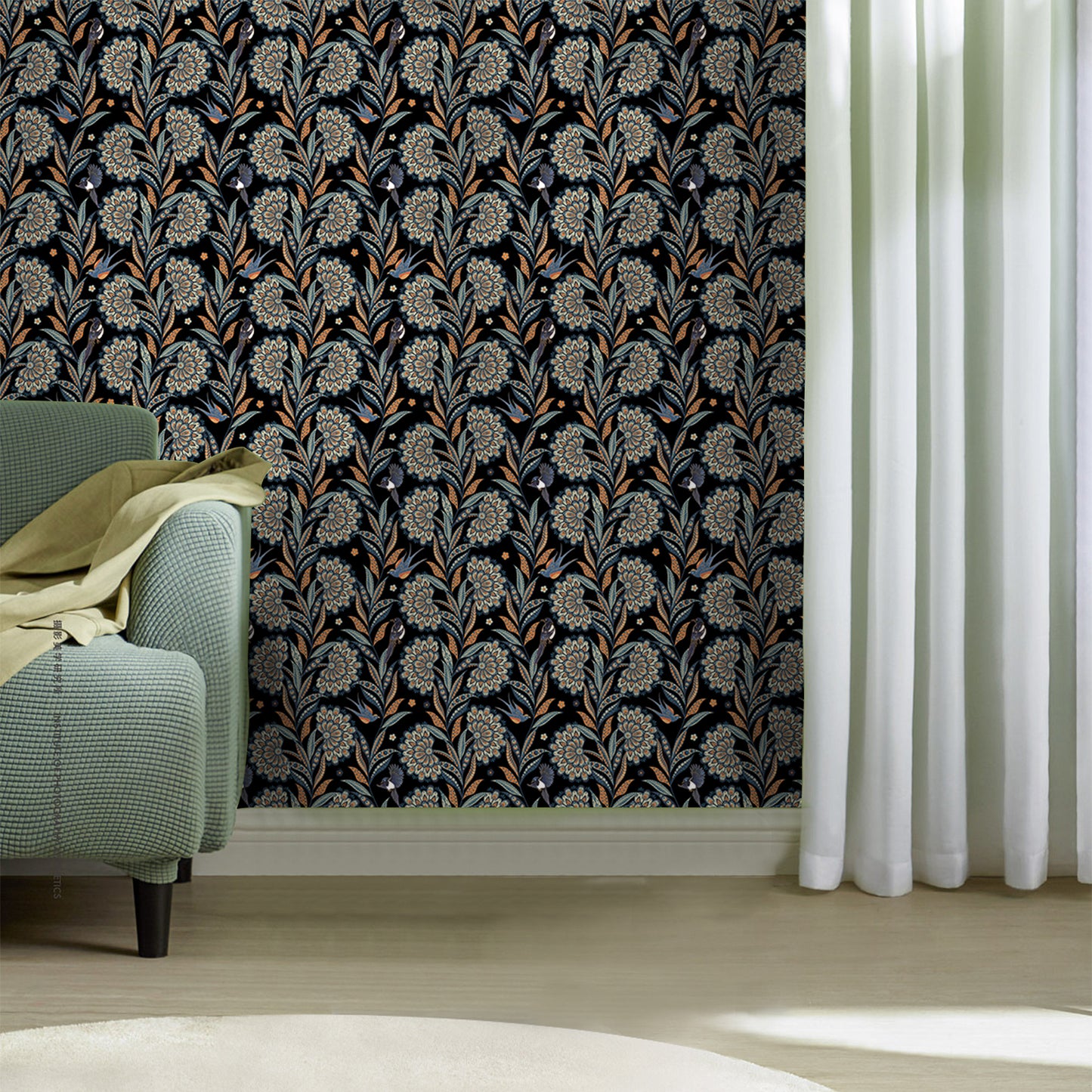 Abyssaly 17.7" x 118" Floral Peel and Stick Wallpaper Black Golden Thicken Waterproof Leaf Vintage Flower Contact Paper