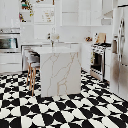 UMIGGEE Black&White Semicircul Vinyl Floor Tile 11.8"x11.8"x1.0mm (10-pcs) Peel and Stick Floor Tile Self Adhesive Leathers Look Flooring Tile Home Decor Kitchen Bedroom (Cover 9.6 sq. ft./ Pack)