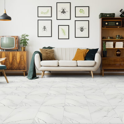 Lxcreat Peel and Stick Floor Tile White Marble Look, Self Adhesive and Durable Vinyl Flooring, Floor Tiles Peel and Stick Waterproof and Easy to Clean, DIY for Bathroom Kitchen 12x12inch (10pcs)