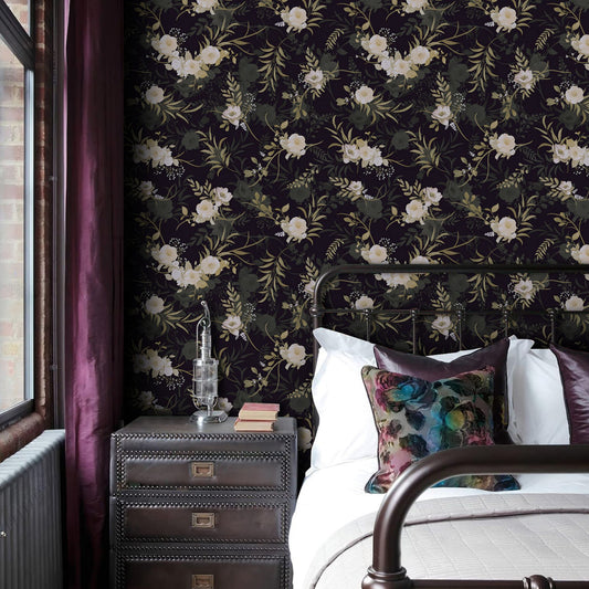 Abyssaly Peel and Stick Wallpaper 17.3"x 118" Black Green Floral Wallpaper Vinyl Removable Self-Adhesive Contact Paper for Home Decor Kitchen Bedroom Closets