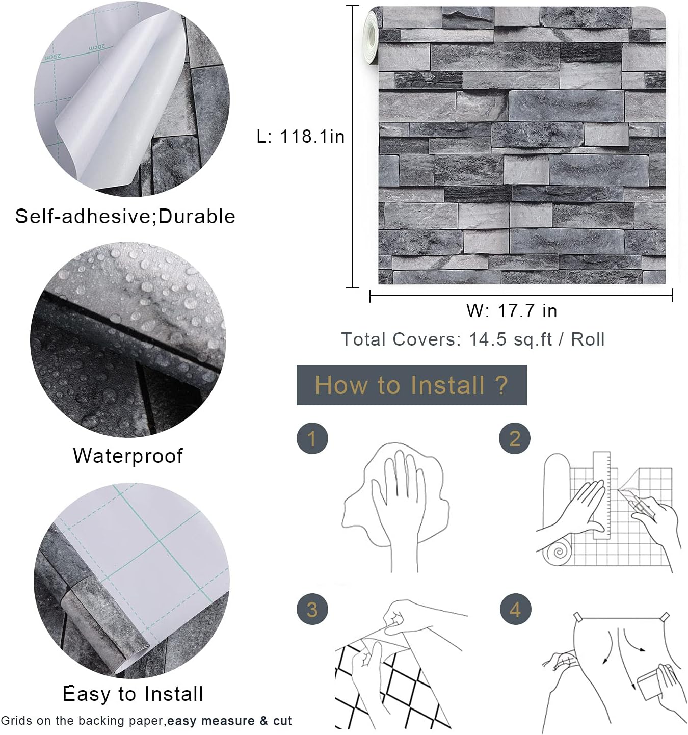 Abyssaly Gray Stone Brick Wallpaper Peel and Stick Wallpaper 17.7" x 118" Self-Adhesive Removable Wall Paper 3D Stone Faux Brick Paper Thickened for Kitchen Living Room Bedroom