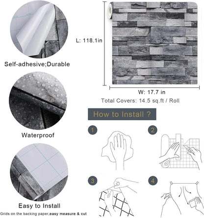 Abyssaly Gray Stone Brick Wallpaper Peel and Stick Wallpaper 17.7" x 118" Self-Adhesive Removable Wall Paper 3D Stone Faux Brick Paper Thickened for Kitchen Living Room Bedroom