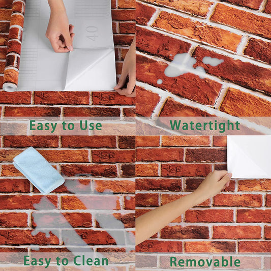 Abyssaly 17.7" x 236"3D Red Brick Wallpaper Peel and Stick Self Adhesive Waterproof Vinyl Vintage Wallpaper for Kitchen Wall Cabinet Furniture Christmas Decoration