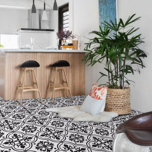 Abyssaly Peel and Stick Floor Tile 11.8" x 11.8" 10 Pcs Black and White Flower Floor Vinyl Flooring Waterproof DIY Flooring for Bathroom, Kitchen, Bedroom, Living Room