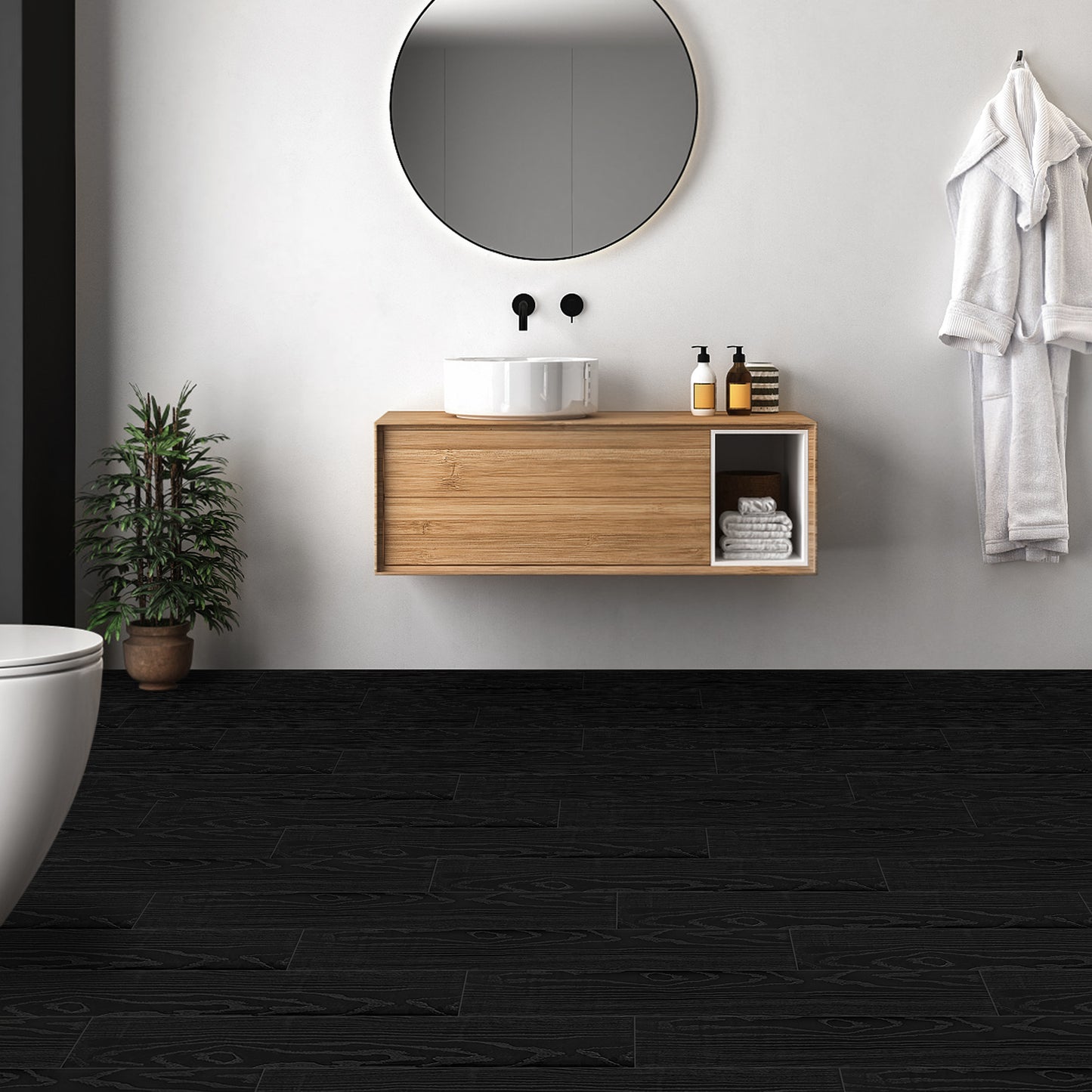 UMIGGEE Black Peel Stick Flooring 35-in x 5.7-in x 1.0mm 10-Pcs Vinyl Flooring Wood Grain Floor Tiles Easy to Install for Bathroom Kitchen Living Room Home Decor