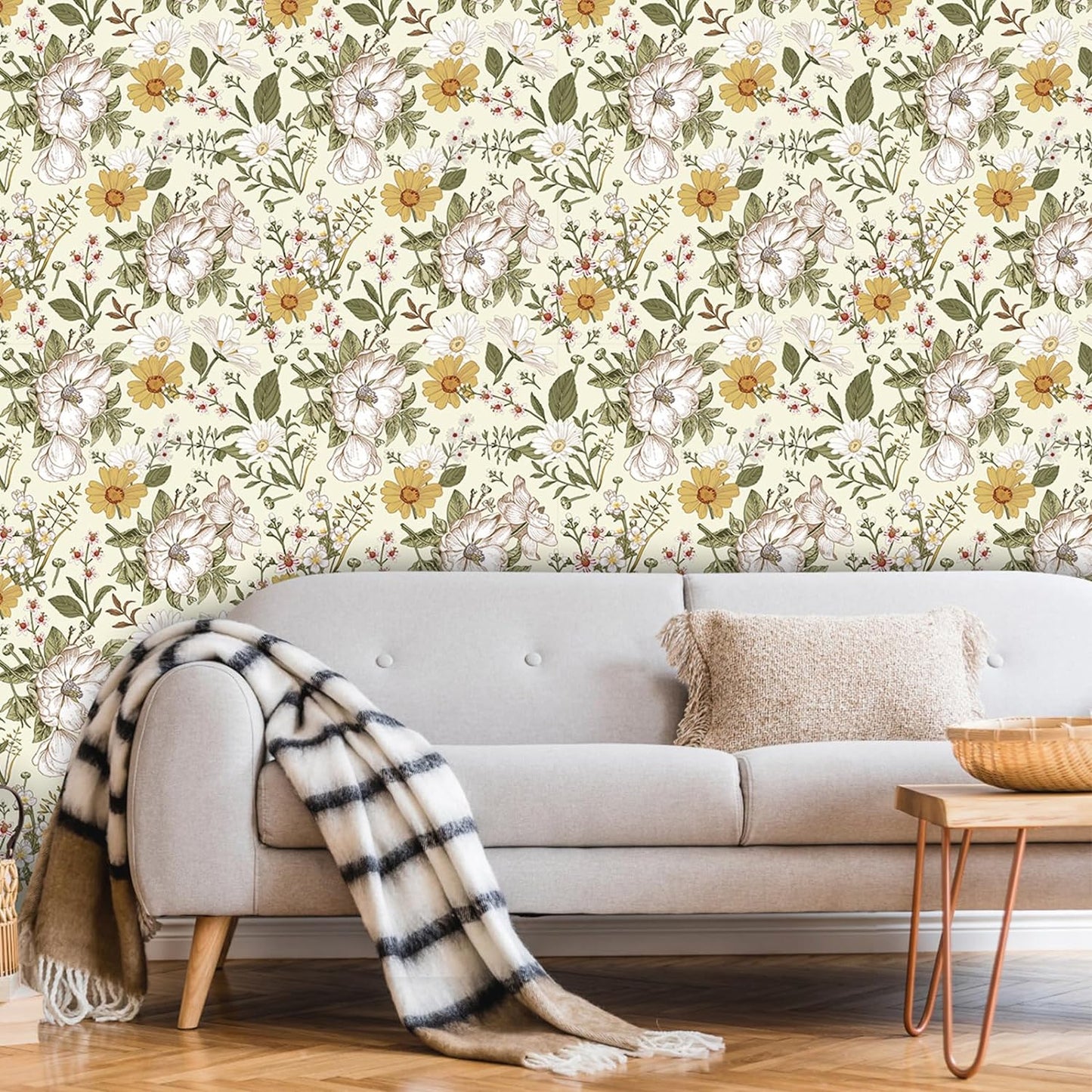 Abyssaly Floral Peel and Stick Wallpaper 17.7" x 118" Self-Adhesive Removable Vintage Beige Flower Wall Paper Contact Paper for Bedroom Kitchen