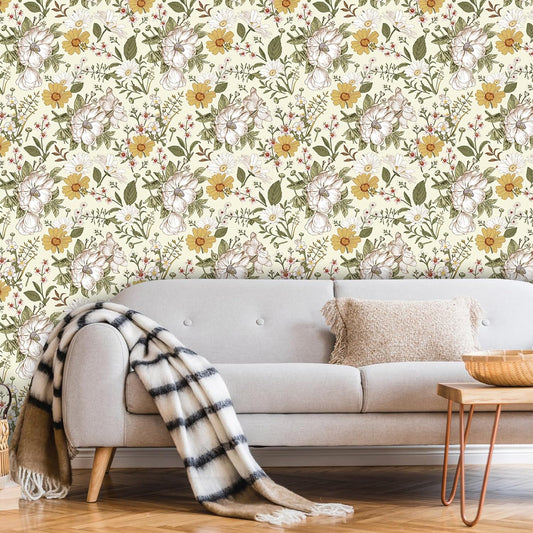 Abyssaly Floral Peel and Stick Wallpaper 17.7" x 118" Self-Adhesive Removable Vintage Beige Flower Wall Paper Contact Paper for Bedroom Kitchen