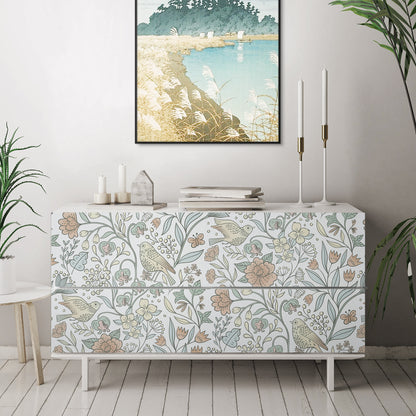 Abyssaly Floral Peel and Stick Wallpaper 17.7 "x 118"White Bird and Flower Wallpaper Vintage Vinyl Contact Paper Suitable for Home Walls Cabinet Bedroom