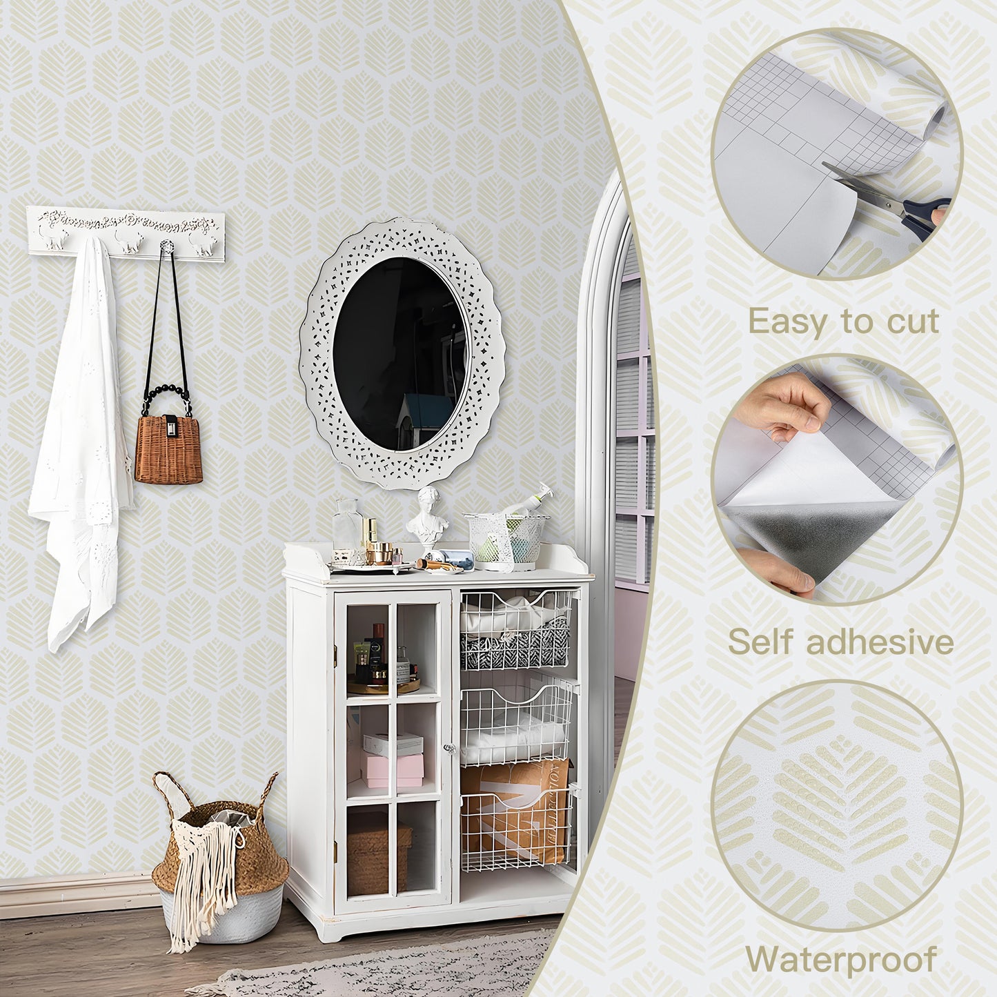 Abyssaly Peel and Stick Wallpaper 17.3"×118" Beige Leaf Self-Adhesive Removable Modern Wallpaper for Home Decor