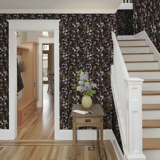Abyssaly Floral Peel and Stick Wallpaper 17.7" x 118" Black Flower Wallpaper Self-Adhesive Removable Contact Paper for Bedroom Kitchen Living Room