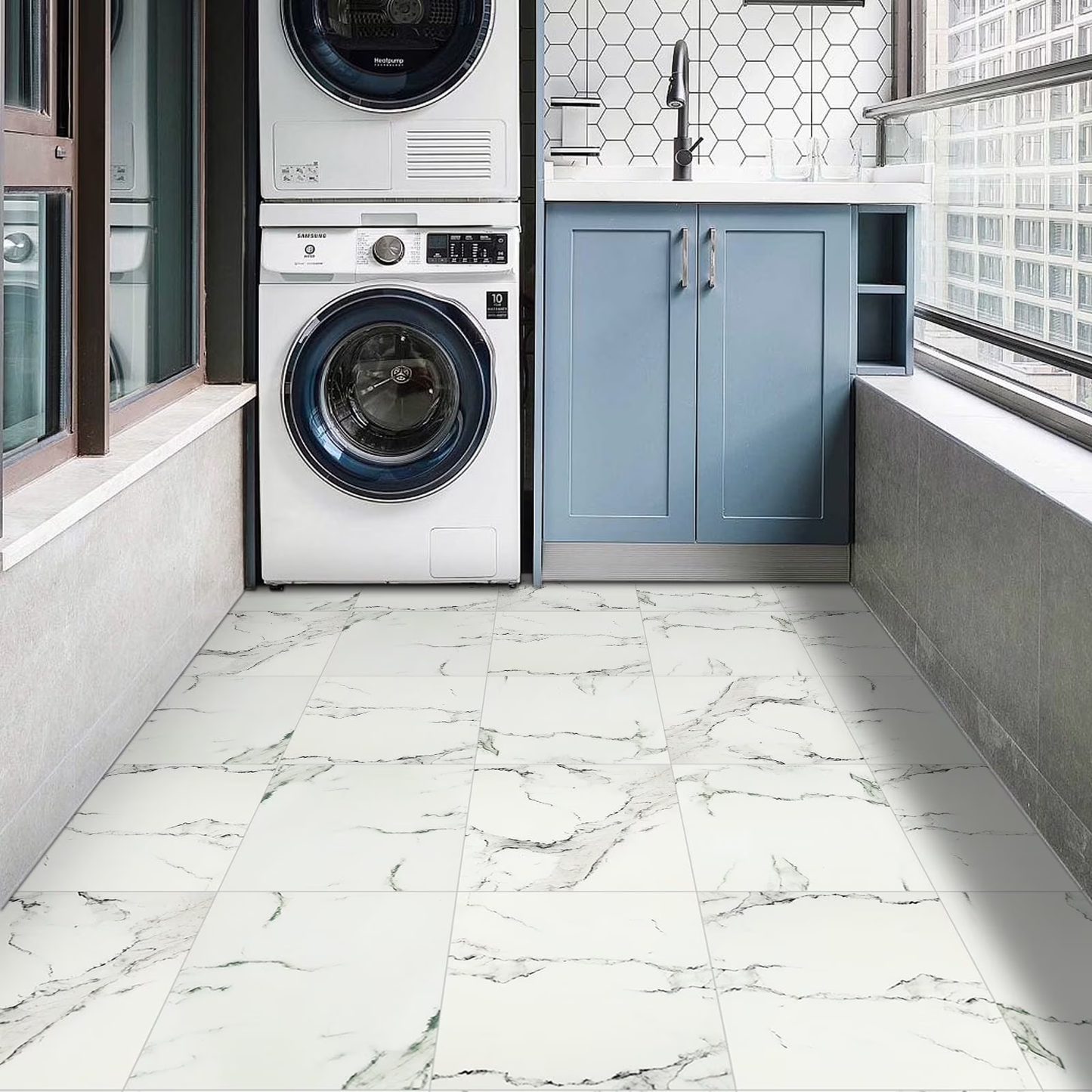 Lxcreat Vinyl Flooring 12" x 12" Peel and Stick Floor Tile Waterproof Removable Flooring Tiles for Rentals Bathroom Kitchen, White and Grey Marble Look