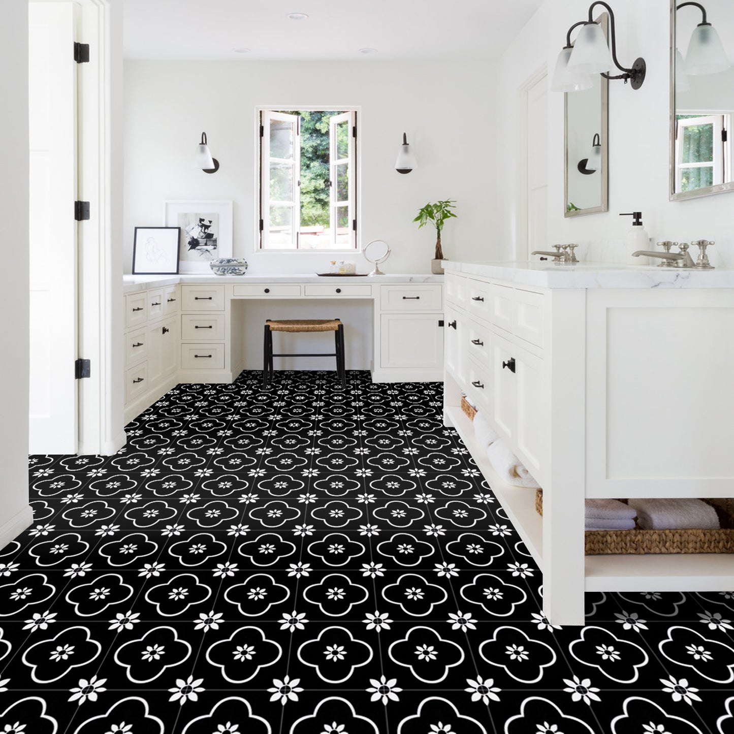 Abyssaly 20Pcs Black and White Vinyl Flooring Peel and Stick 12" x 12" Self Adhesive Floor Tile Removable Stickers Tile