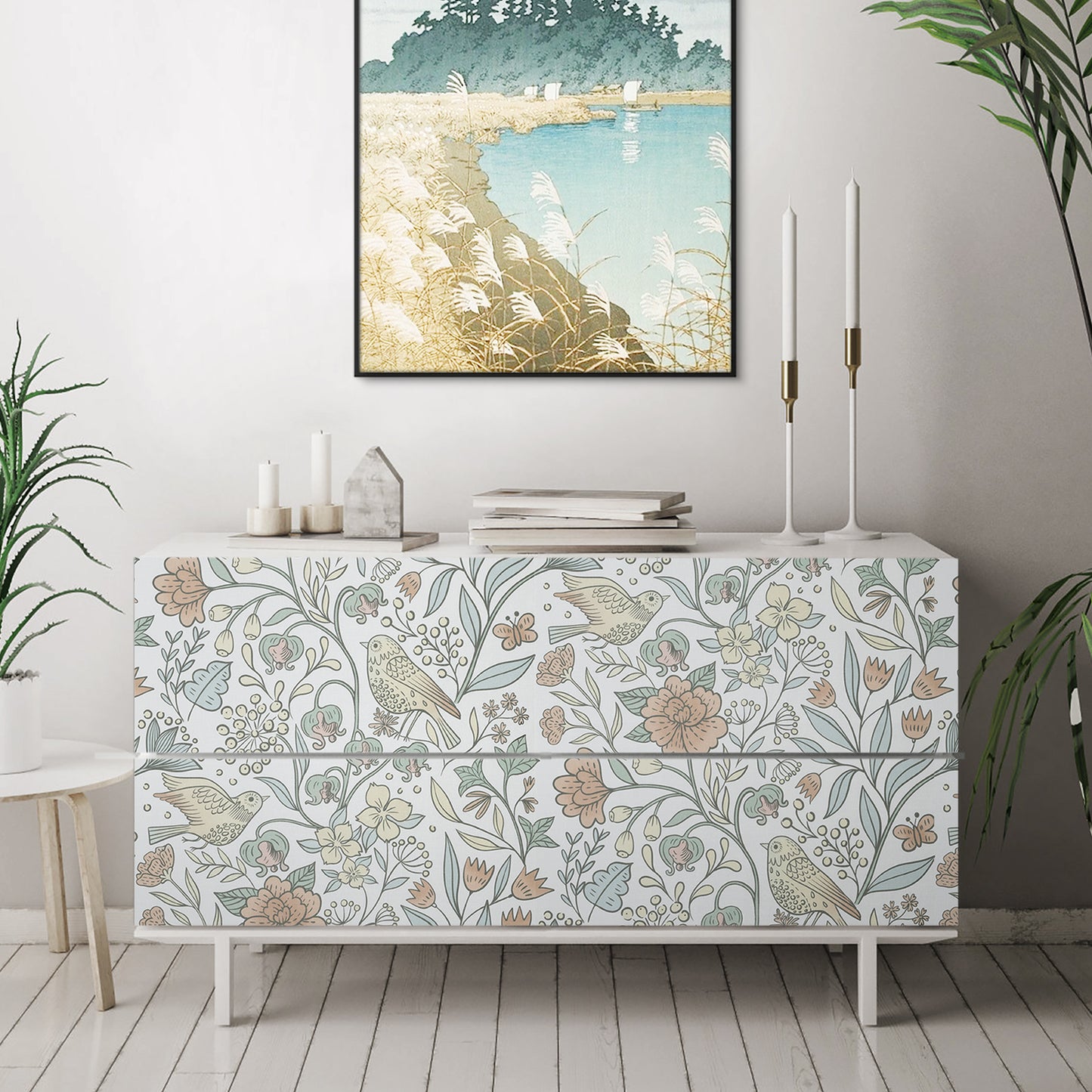 Abyssaly Floral Peel and Stick Wallpaper 17.7 "x 236" White Bird and Flower Wallpaper Vintage Vinyl Contact Paper Suitable for Home Walls Cabinet Bedroom