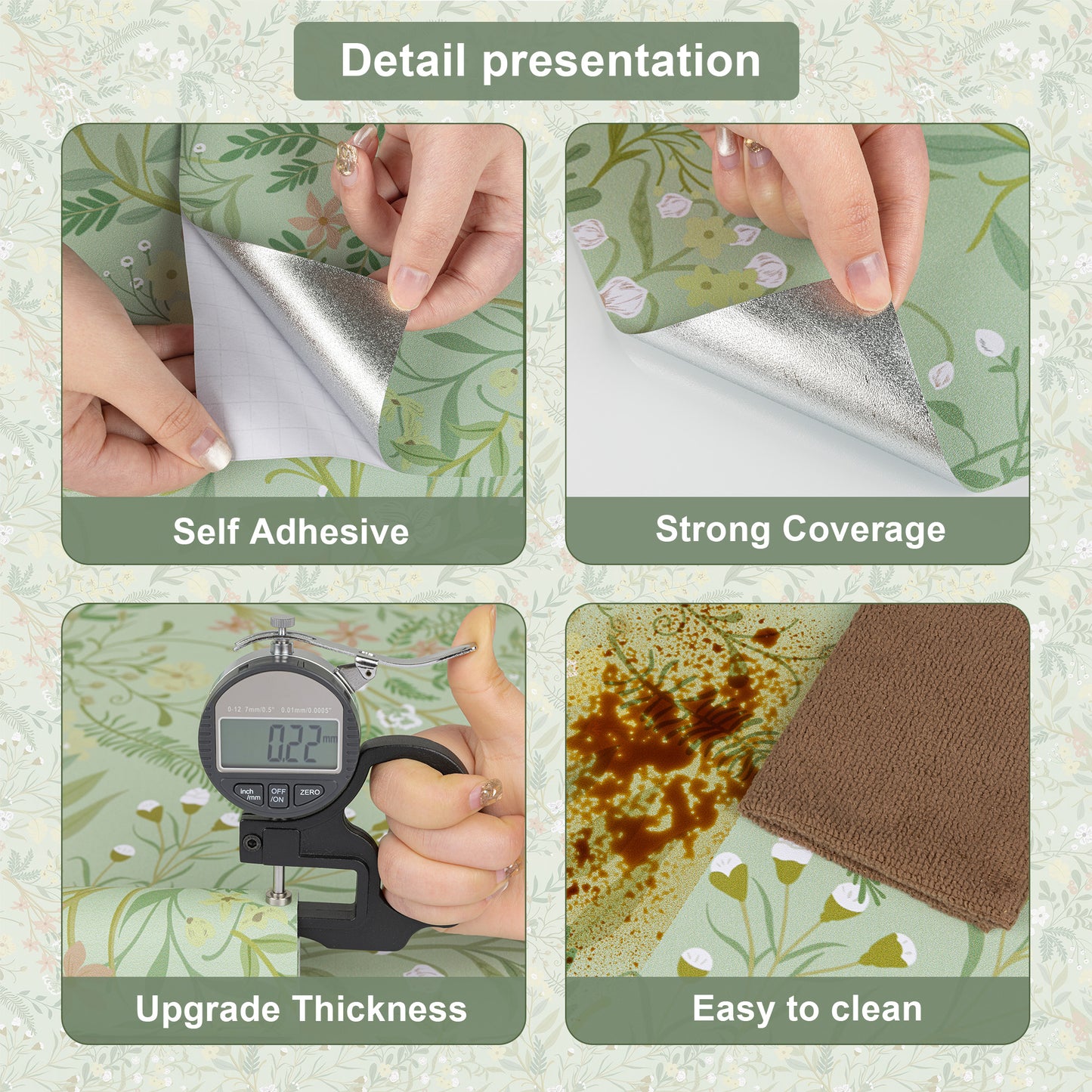 Abyssaly Floral Peel and Stick Wallpaper 17.3"×118" Removable Self-Adhesive Green Vinyl Wallpaper for Home Decor