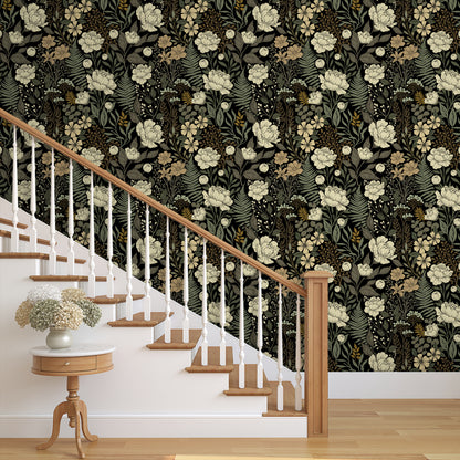 UMIGGEE Floral Wallpaper Peel and Stick Floral Black Wallpaper Self Adhesive Flower Wall Paper Contact Paper 17.7" x 118" Home Decor Wall Covering Old Furniture Renovation