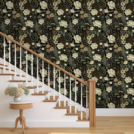 UMIGGEE Floral Wallpaper Peel and Stick Floral Black Wallpaper Self Adhesive Flower Wall Paper Contact Paper 17.7" x 118" Home Decor Wall Covering Old Furniture Renovation
