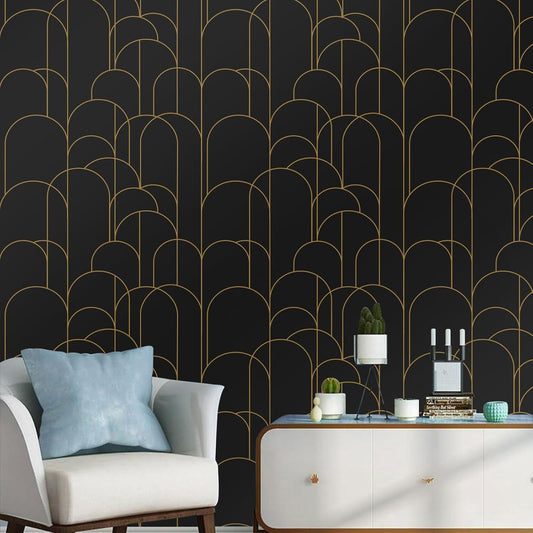 Abyssaly Black Peel and Stick Wallpaper Strip Line Contact Paper 17.7" x 78.7" Black/Gold Geometric Self-Adhesive Removable Vinyl Wallpaper for Bedroom