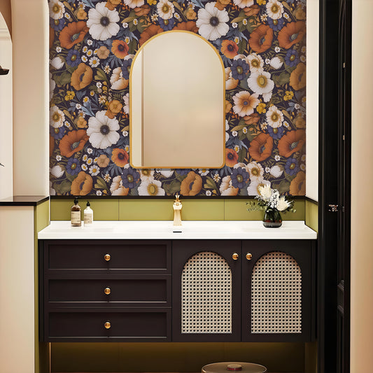 Abyssaly Floral Wallpaper Peel and Stick Floral Black Wallpaper Vintage Plant Watercolor Self Adhesive Textured Wall Paper Contact Paper Home Decor Wall Covering Old Furniture Renovation, 17.32"×118"