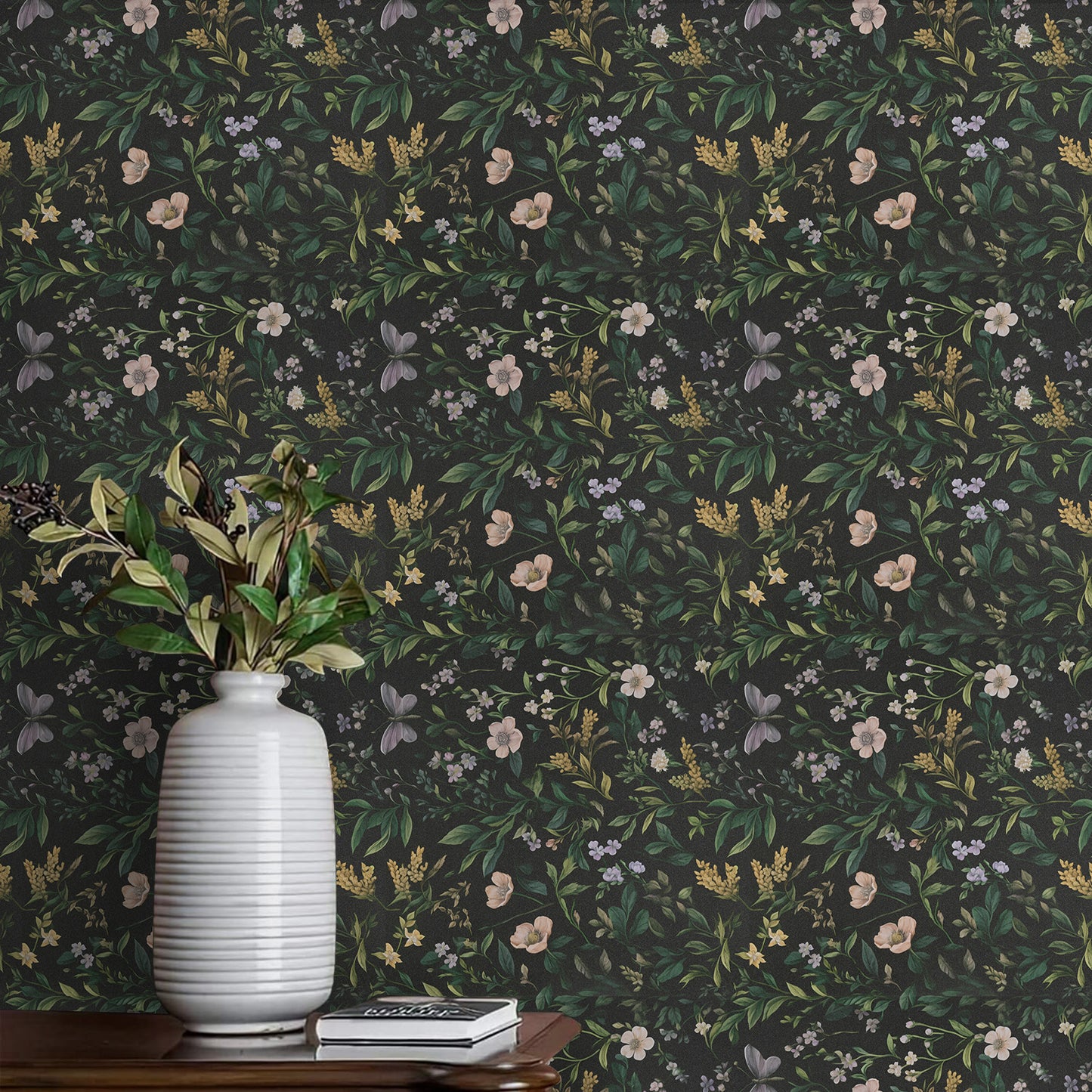 Abyssaly Floral Peel and Stick Wallpaper Self Adhesive Removable Flower Wall Paper 17.3"× 118" / 1 Roll Green Vintage Vinly Contact Paper Waterproof