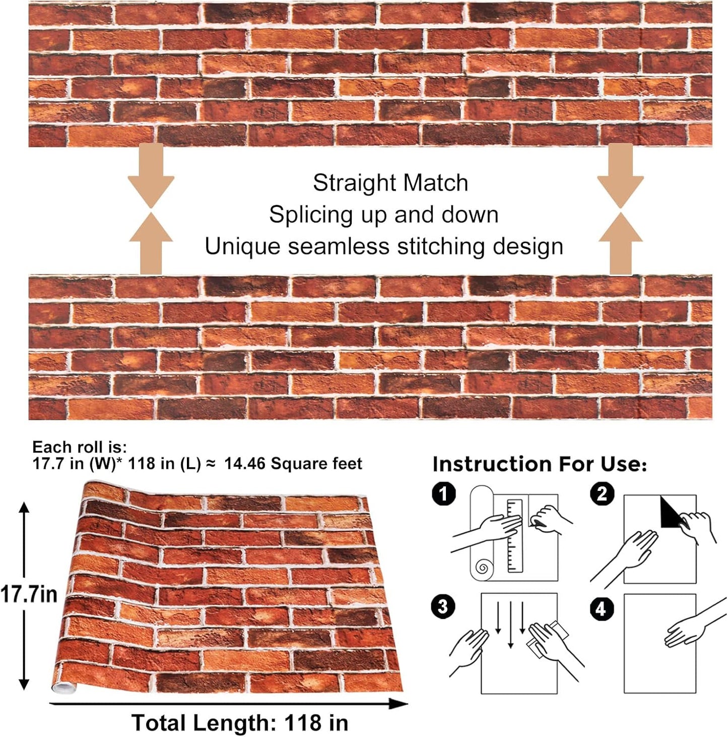 Abyssaly Red Brick Wallpaper Peel and Stick Wallpaper 17.7" x 118" Self Adhesive Removable Vinyl Contact Paper for Bedroom Living Room (Industrial Style)