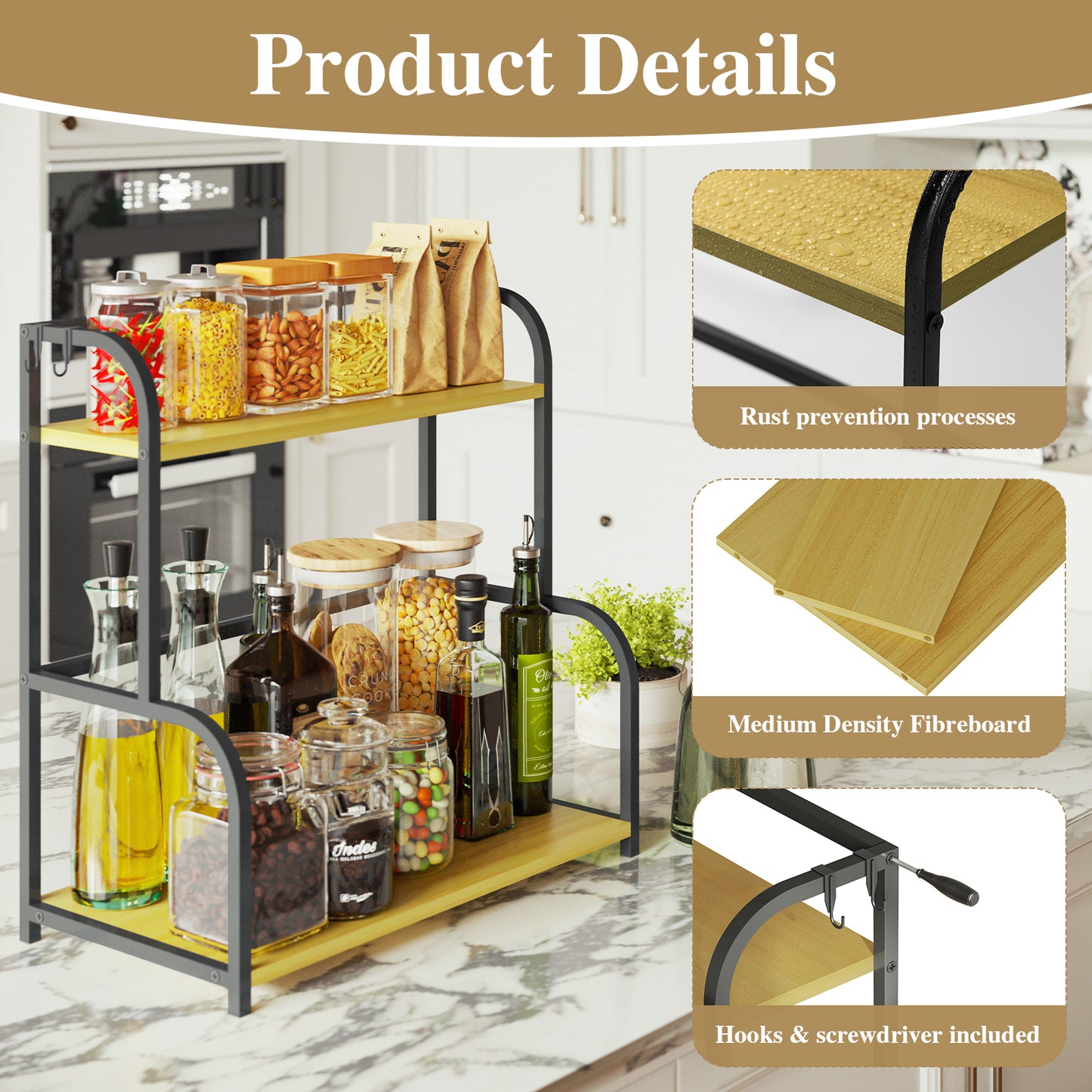 Alow 15.7"D x 7.95"W x 16.3"H Countertop Organizer 2 Tier Shelves Kitchen Shelf Organiser Spice Rack Storage Cupboard Organizer Black Wooden for Counter Top - Small Desk Worktop Organisation Unit