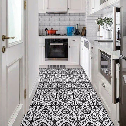 Abyssaly Peel and Stick Floor Tile 11.8" x 11.8" 10 Pcs Black and White Flower Floor Vinyl Flooring Waterproof DIY Flooring for Bathroom, Kitchen, Bedroom, Living Room