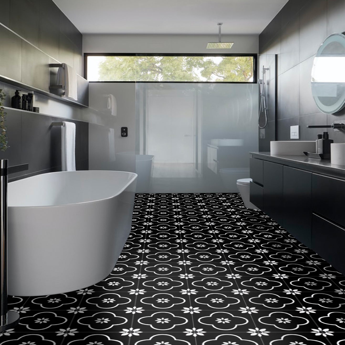 Abyssaly 10Pcs Black and White Vinyl Flooring Peel and Stick 12" x 12" Self Adhesive Floor Tile Removable Stickers Tile for Kitchen Bedroom Backsplash Solid