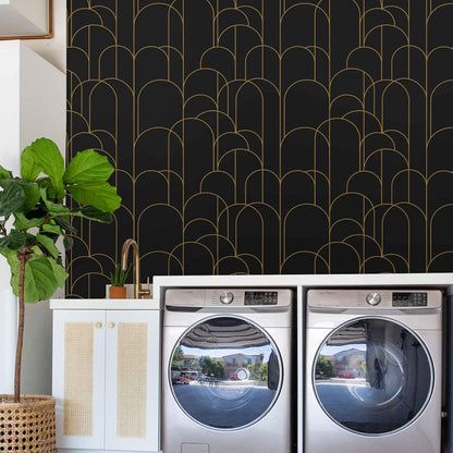 Abyssaly Black Peel and Stick Wallpaper Strip Line Contact Paper 17.7" x 78.7" Black/Gold Geometric Self-Adhesive Removable Vinyl Wallpaper for Bedroom