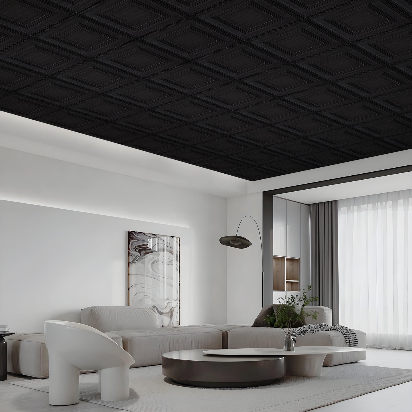 Abyssaly Black Peel and Stick Ceiling Tile 13.7" x 13.7" 16 Pcs Ceiling Tile Coverage Area 21 sq.ft, Easy to Install for Ceiling and Wall, Plain Black