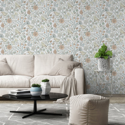 Abyssaly Floral Peel and Stick Wallpaper 17.7 "x 118"White Bird and Flower Wallpaper Vintage Vinyl Contact Paper Suitable for Home Walls Cabinet Bedroom
