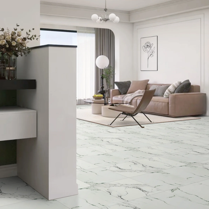 Lxcreat Vinyl Flooring 12" x 12" Peel and Stick Floor Tile Waterproof Removable Flooring Tiles for Rentals Bathroom Kitchen, White and Grey Marble Look