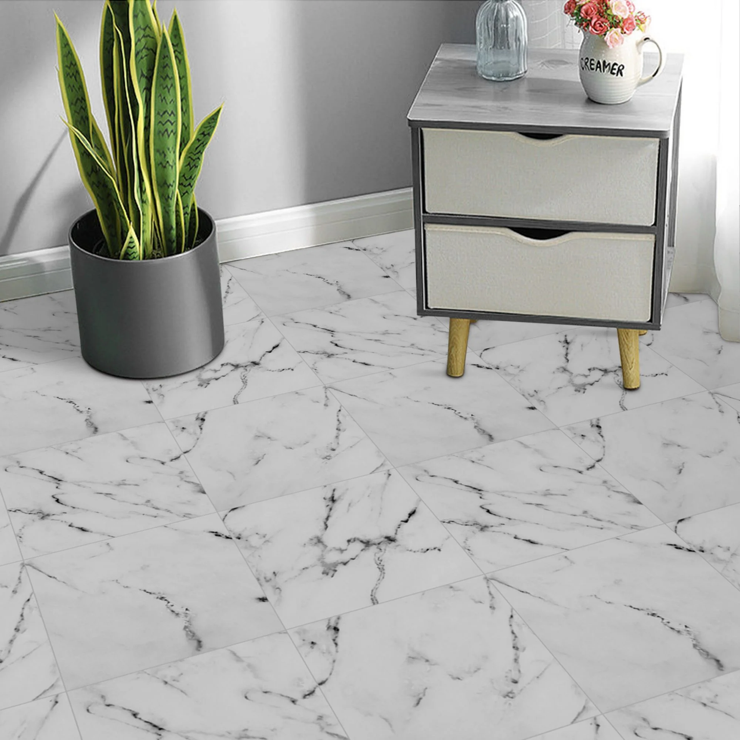 Lxcreat Vinyl Flooring 12" x 12" 10 Pcs Peel and Stick Floor Tile Self Adhesive and Removable, White Marble Look for Kitchen Bathroom