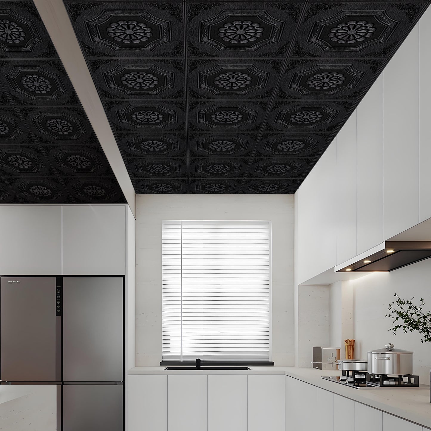 Abyssaly Black Drop Ceiling Tile, 13.7" x 13.7" 16 Pcs, 3D Wall Panels Foam Peel and Stick Ceiling Tiles Decorative Easy Install PVC Ceiling Panels for Interior Kitchen Bathroom Basement