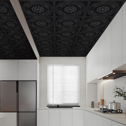 Abyssaly Black Drop Ceiling Tile, 13.7" x 13.7" 16 Pcs, 3D Wall Panels Foam Peel and Stick Ceiling Tiles Decorative Easy Install PVC Ceiling Panels for Interior Kitchen Bathroom Basement