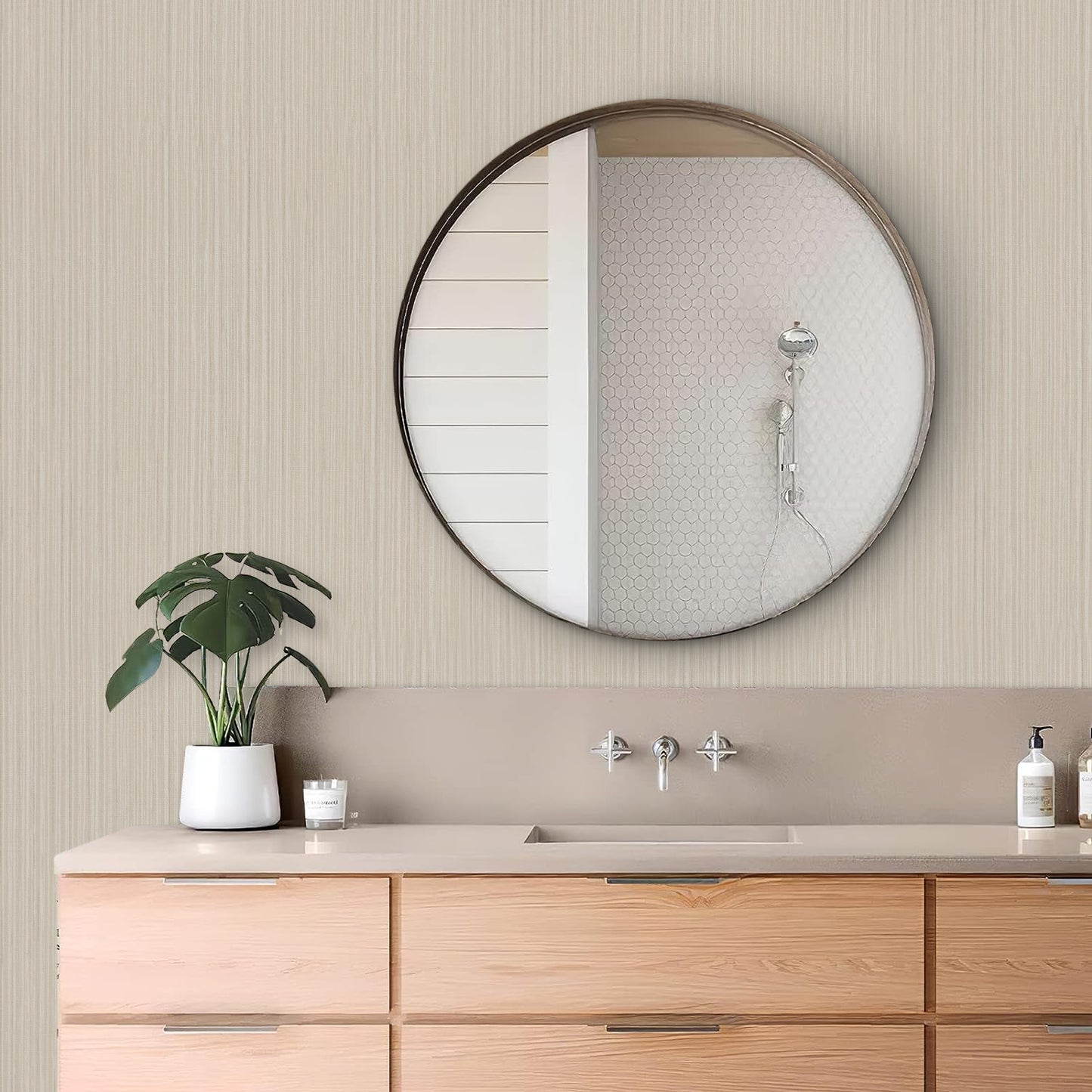 Abyssaly 17.7" x 393.7" Beige/Silver Grasscloth Peel and Stick Wallpaper Self-Adhesive Texture Wallpaper Removable Vinyl Film Solid Color Wallcovering Wall Paper for Furniture Wall