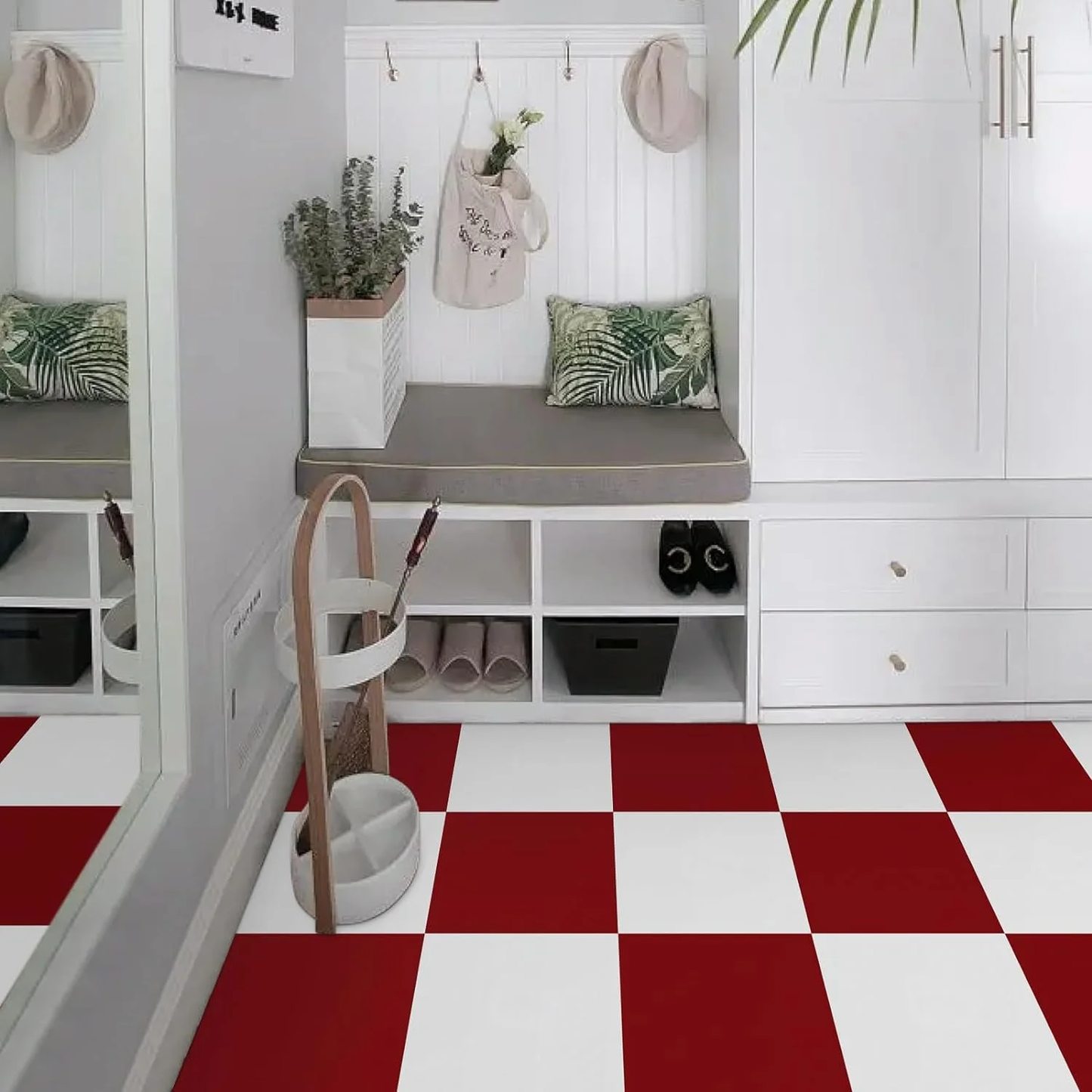 Lxcreat Peel and Stick Floor Tile, Vinyl Flooring Red Checkered Floor Tile 12in x 12in DIY Flooring for Dining Room, Bathroom and Kitchen (20 PCS, 10pcs Each in Red and White)