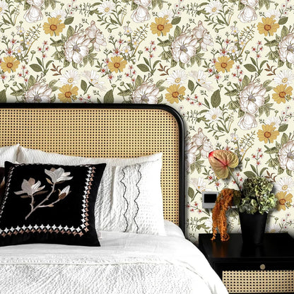 Abyssaly Floral Peel and Stick Wallpaper 17.7" x 118" Self-Adhesive Removable Vintage Beige Flower Wall Paper Contact Paper for Bedroom Kitchen