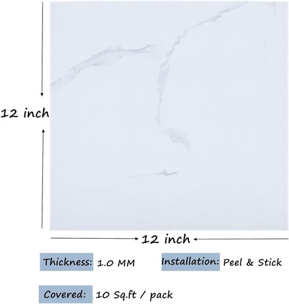 UMIGGEE White Marble Peel and Stick Floor Tile Self Adhesive Vinyl Flooring 12-in x12-in x1.0mm (20-pcs)For Kitchen Living Room Bedroom Home Decoration (20 Sq. ft./Pack)