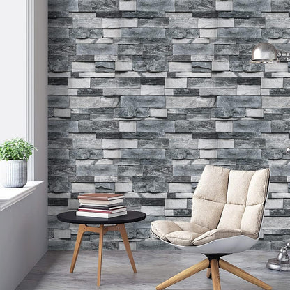 Abyssaly Gray Stone Brick Wallpaper Peel and Stick Wallpaper 17.7" x 118" Self-Adhesive Removable Wall Paper 3D Stone Faux Brick Paper Thickened for Kitchen Living Room Bedroom