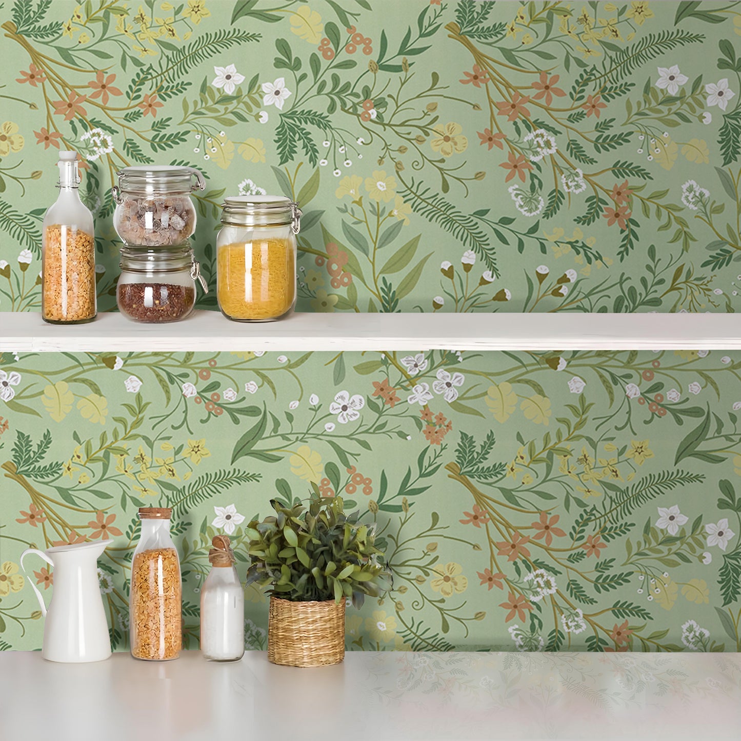 Abyssaly Floral Peel and Stick Wallpaper 17.3"×118" Removable Self-Adhesive Green Vinyl Wallpaper for Home Decor